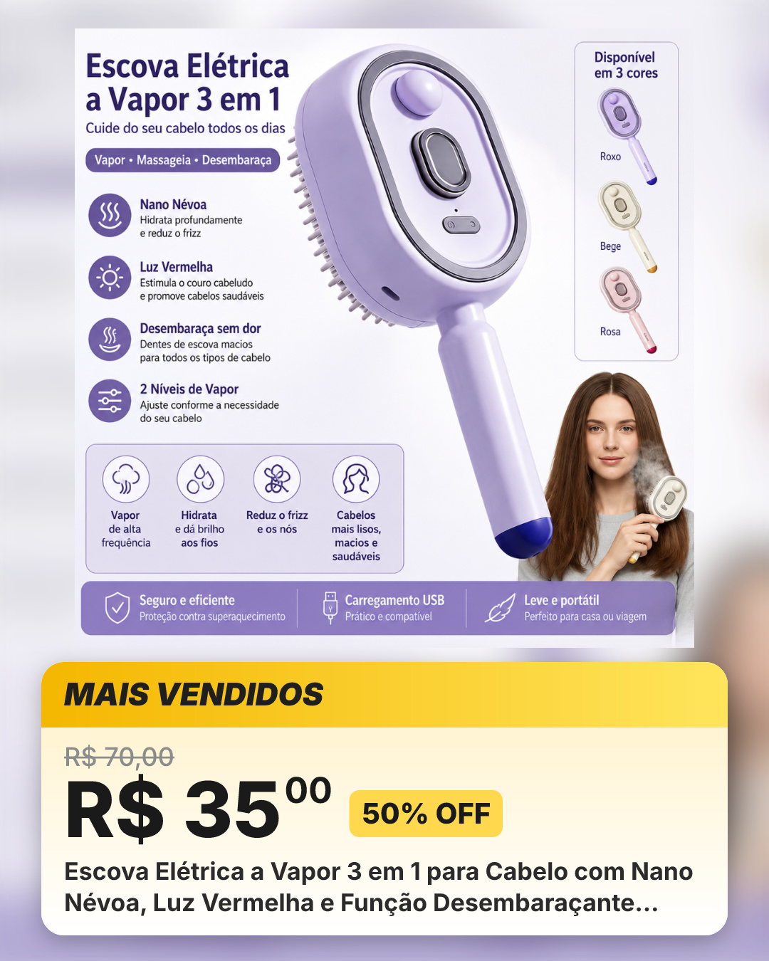 Escova Elétrica a Vapor 3 em 1 para Cabelo com Nano Névoa, Luz Vermelha e Função Desembaraçante para Cuidados Capilares
