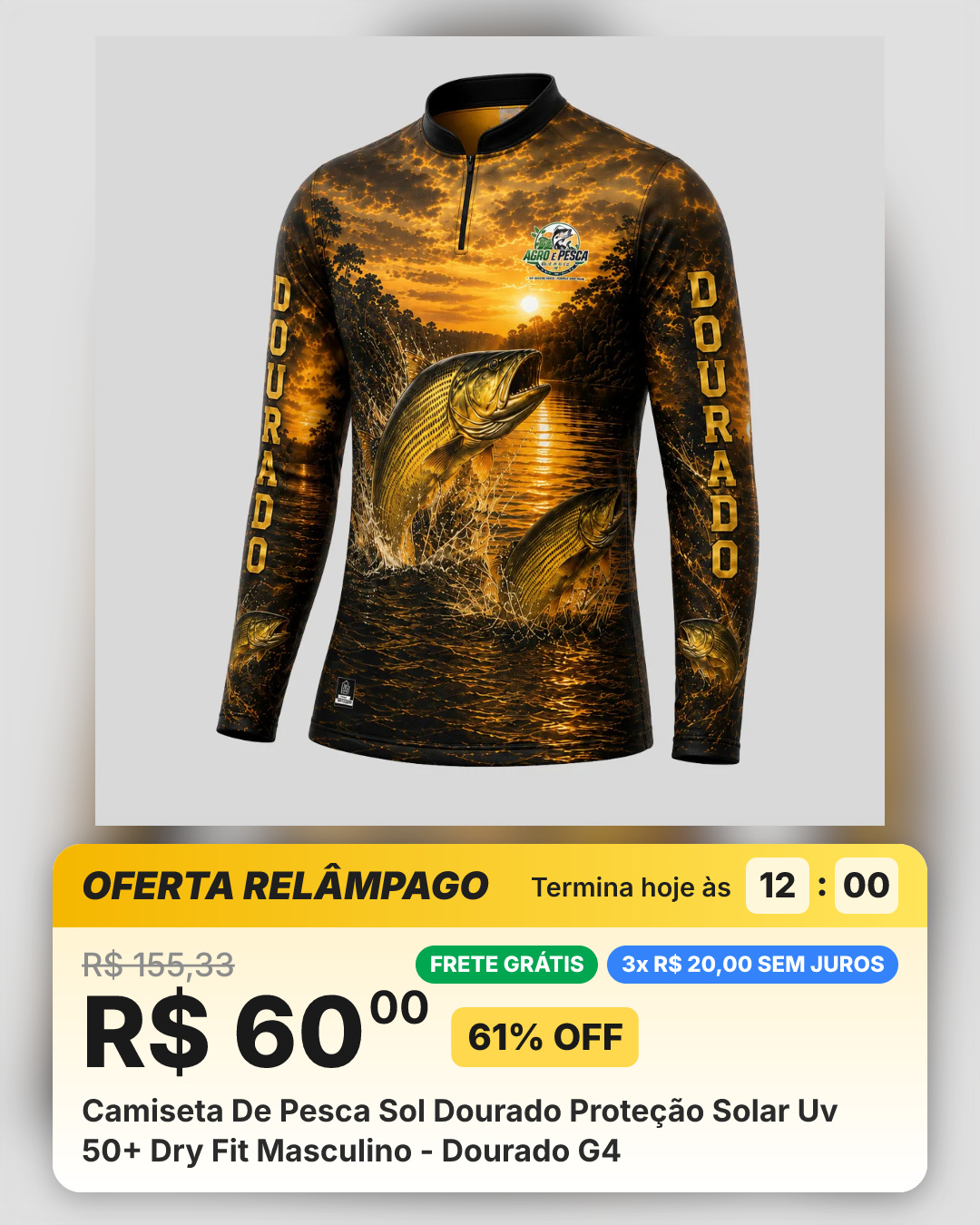 Camiseta De Pesca Sol Dourado Proteção Solar Uv 50+ Dry Fit Masculino - Dourado G4