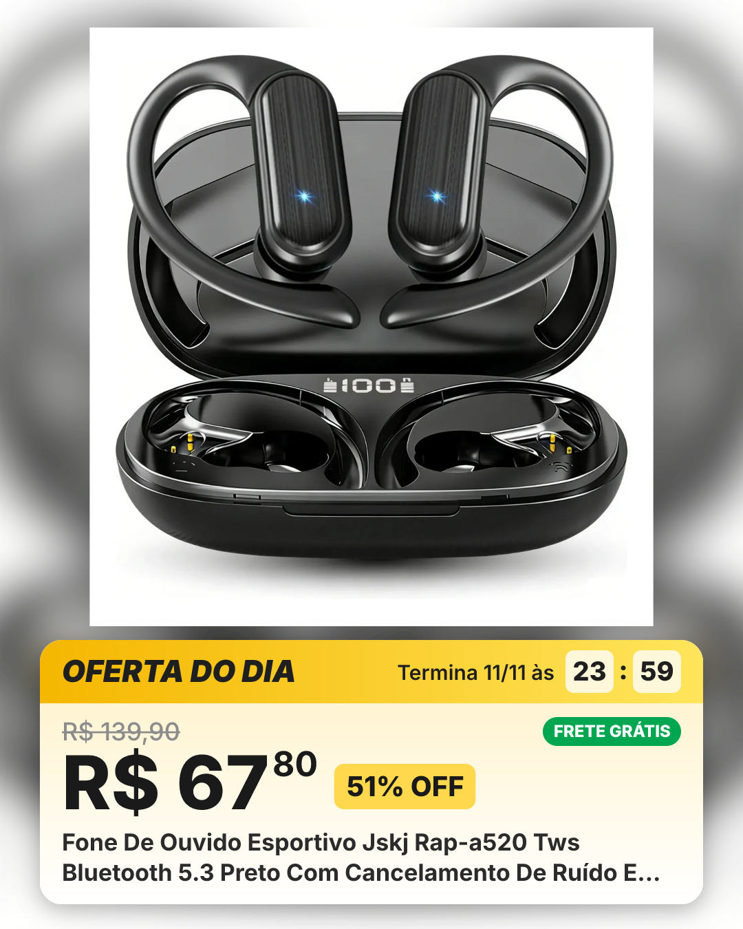 Fone De Ouvido Esportivo Jskj Rap-a520 Tws Bluetooth 5.3 Preto Com Cancelamento De Ruído E Bateria De 48h Para Academia