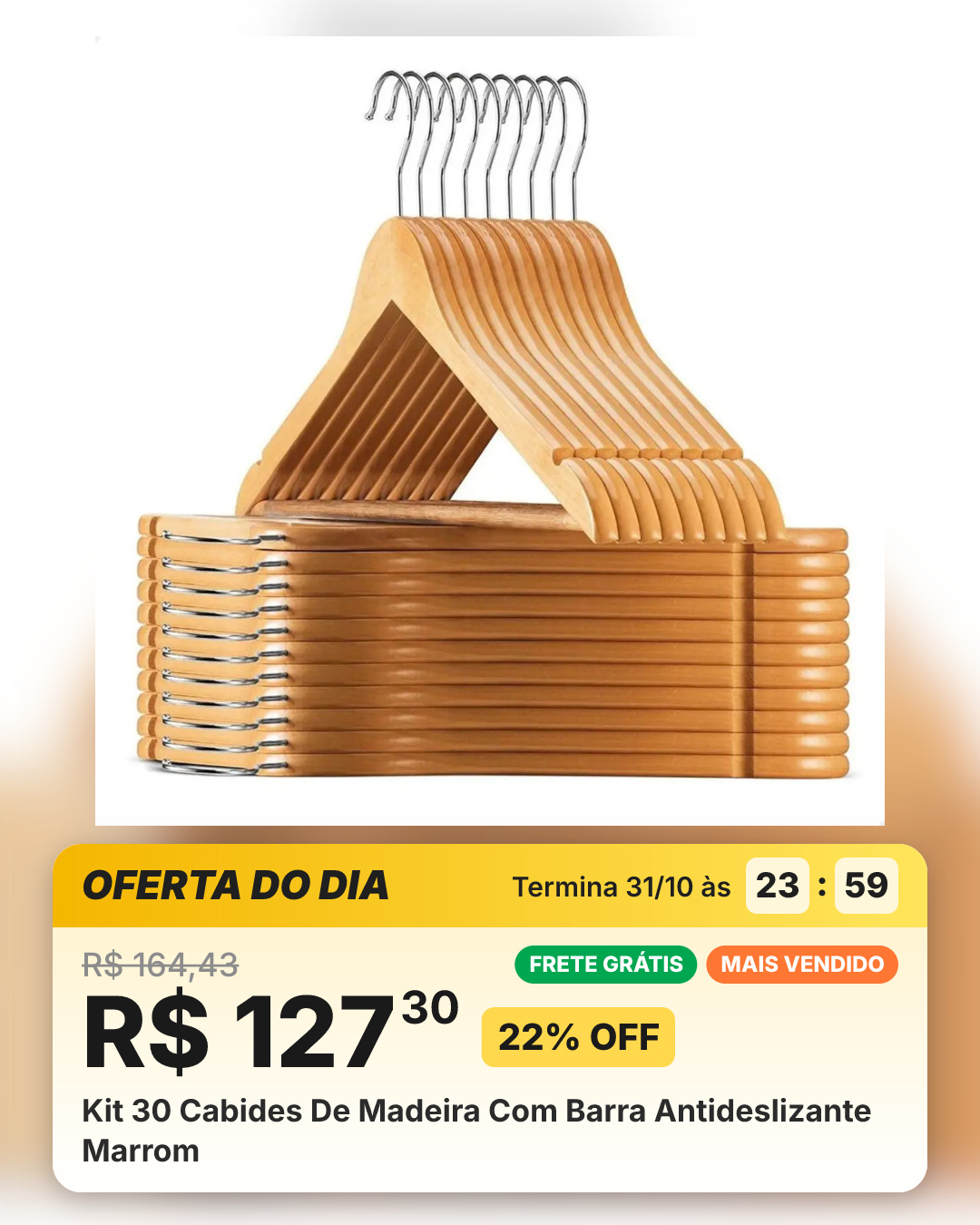 Kit 30 Cabides De Madeira Com Barra Antideslizante Marrom