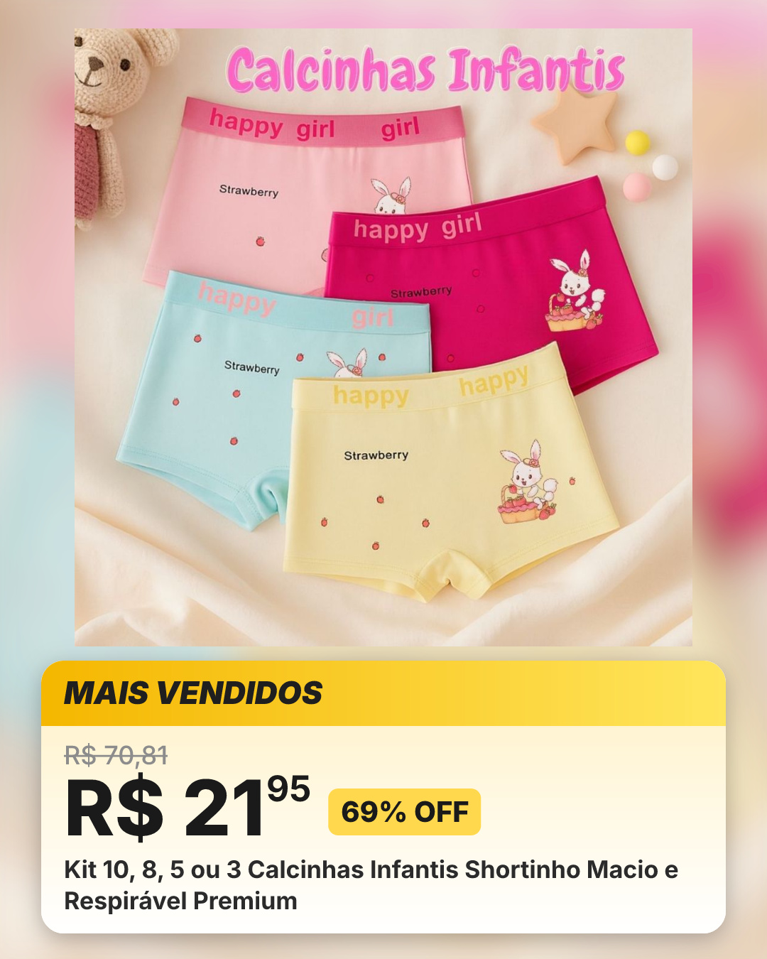 Kit 10, 8, 5 ou 3 Calcinhas Infantis Shortinho Macio e Respirável Premium