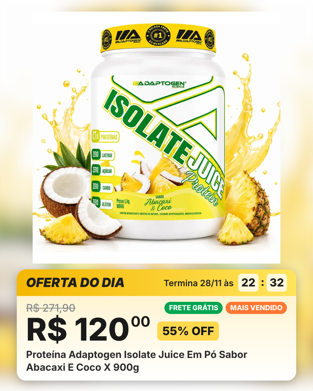 Proteína Adaptogen Isolate Juice Em Pó Sabor Abacaxi E Coco X 900g
