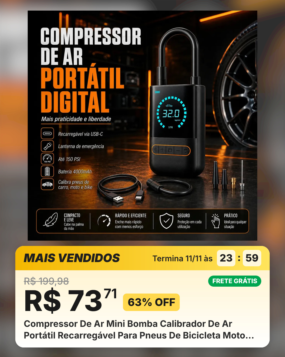 Compressor De Ar Mini Bomba Calibrador De Ar Portátil Recarregável Para Pneus De Bicicleta Moto Carro Bolas Infláveis Preto 127/220v 60 Hz Monofásica