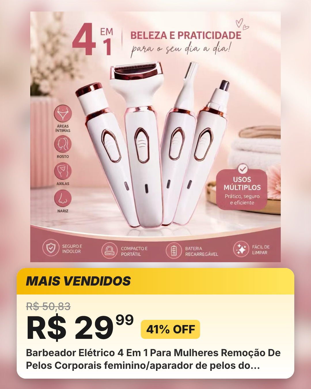 Barbeador Elétrico 4 Em 1 Para Mulheres Remoção De Pelos Corporais feminino/aparador de pelos do nariz e sobrancelhas
