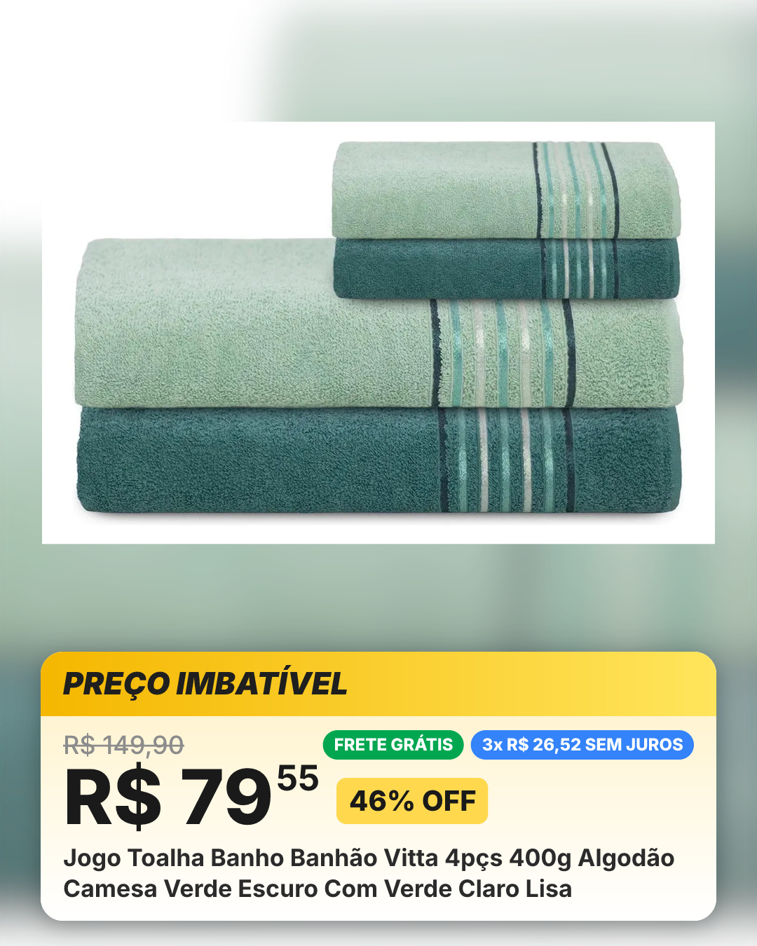 Jogo Toalha Banho Banhão Vitta 4pçs 400g Algodão Camesa Verde Escuro Com Verde Claro Lisa
