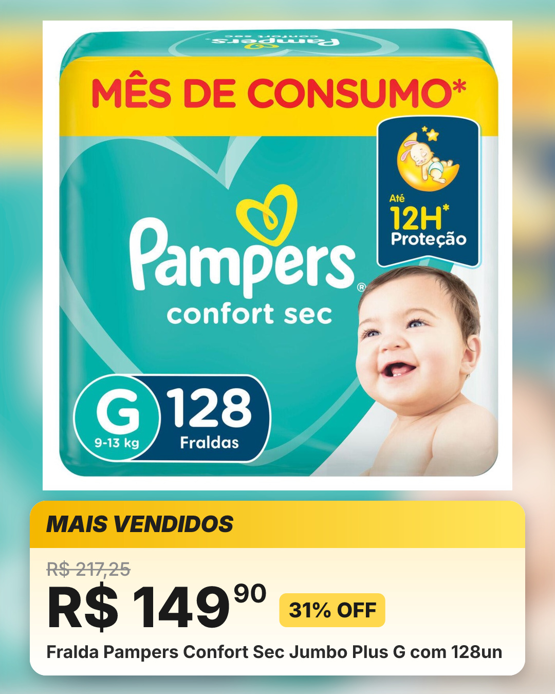 Fralda Pampers Confort Sec Jumbo Plus G com 128un