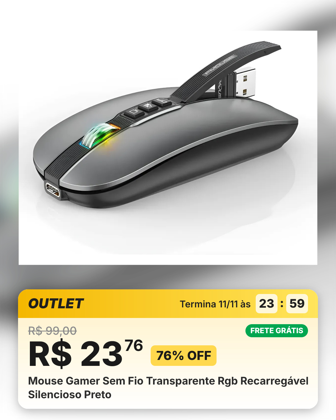 Mouse Gamer Sem Fio Transparente Rgb Recarregável Silencioso Preto