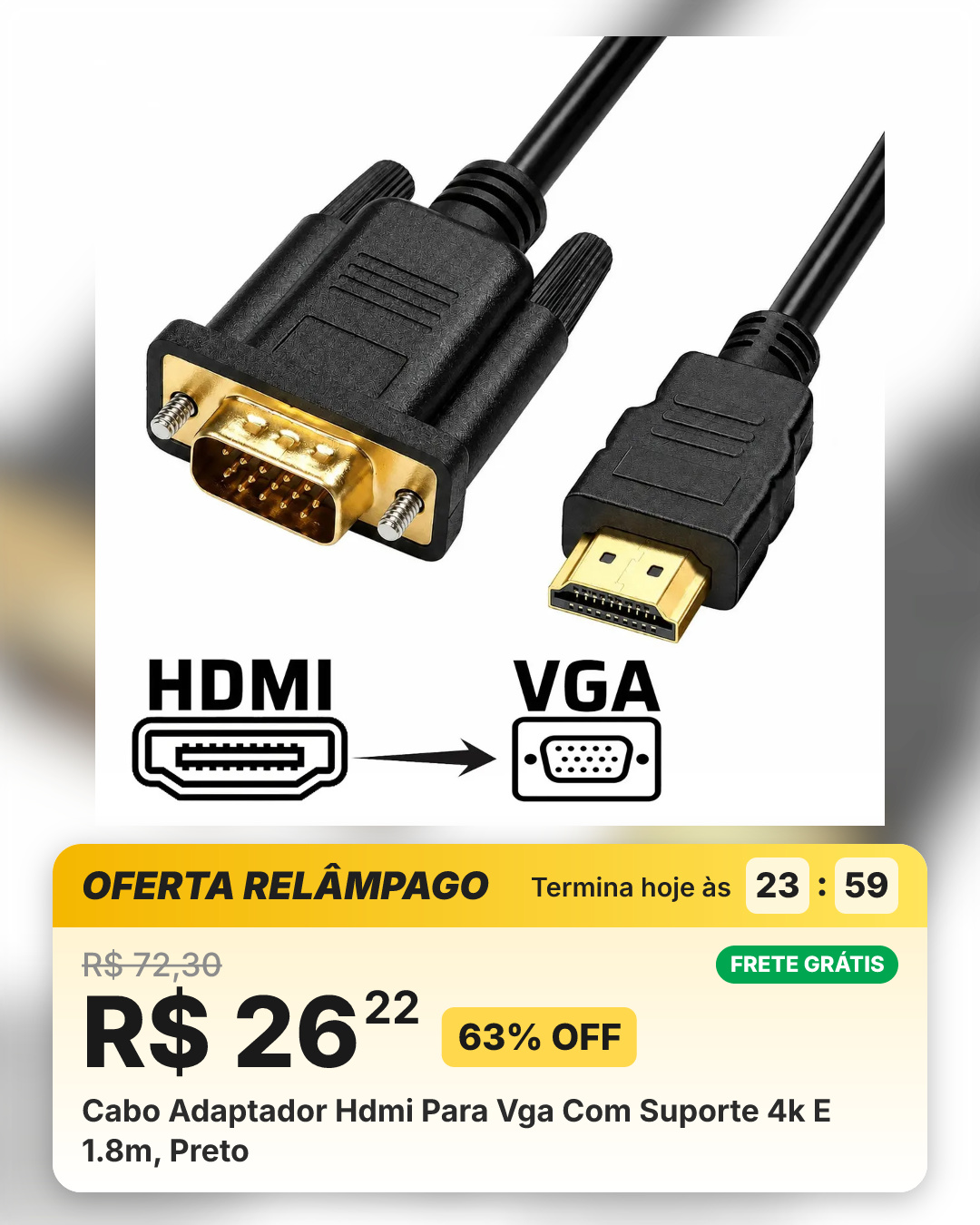 Cabo Adaptador Hdmi Para Vga Com Suporte 4k E 1.8m, Preto