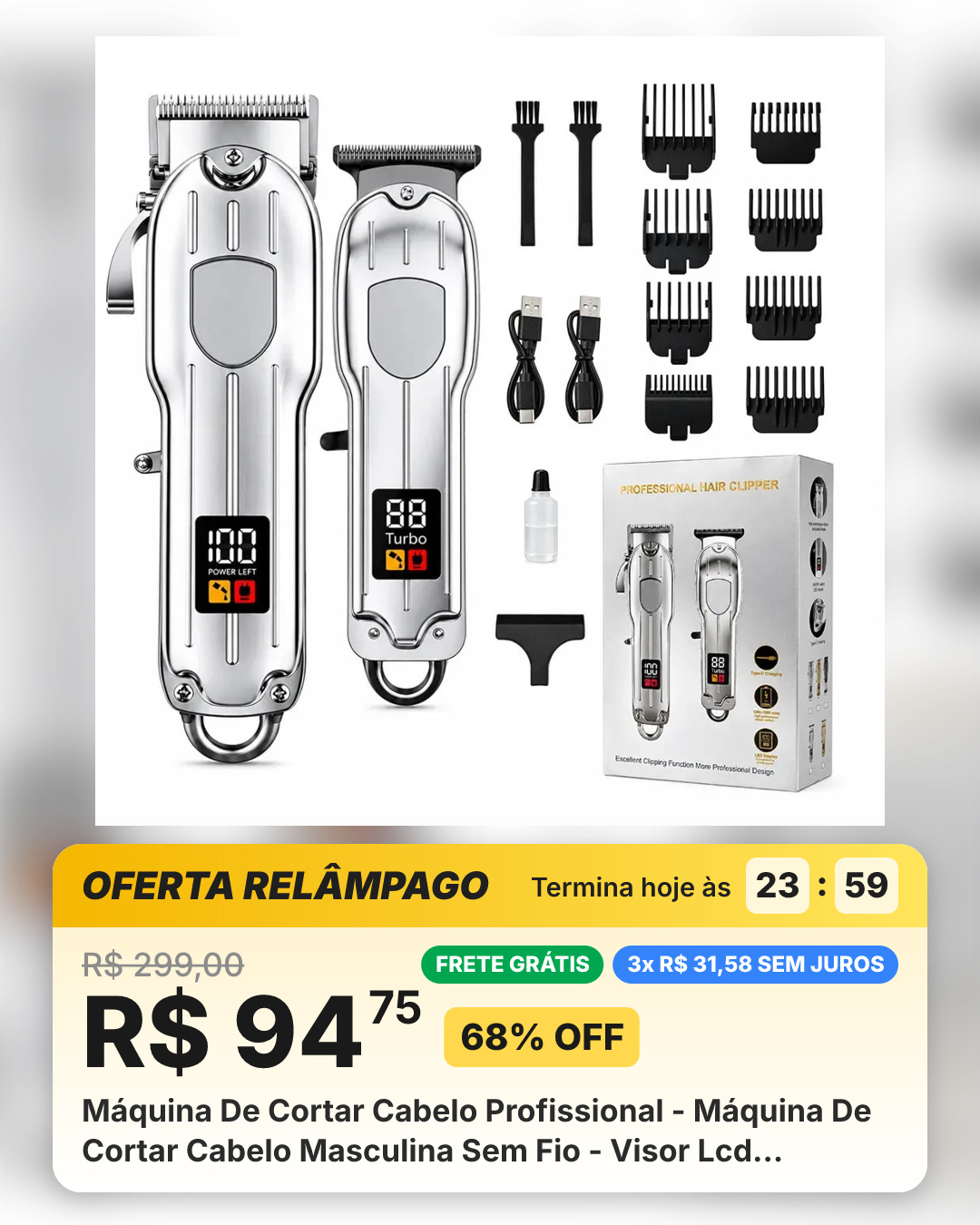 Máquina De Cortar Cabelo Profissional - Máquina De Cortar Cabelo Masculina Sem Fio - Visor Lcd - Bateria De Longa Duração - Ideal Para Casa, Barbearia E Crianças Prata 127/220v