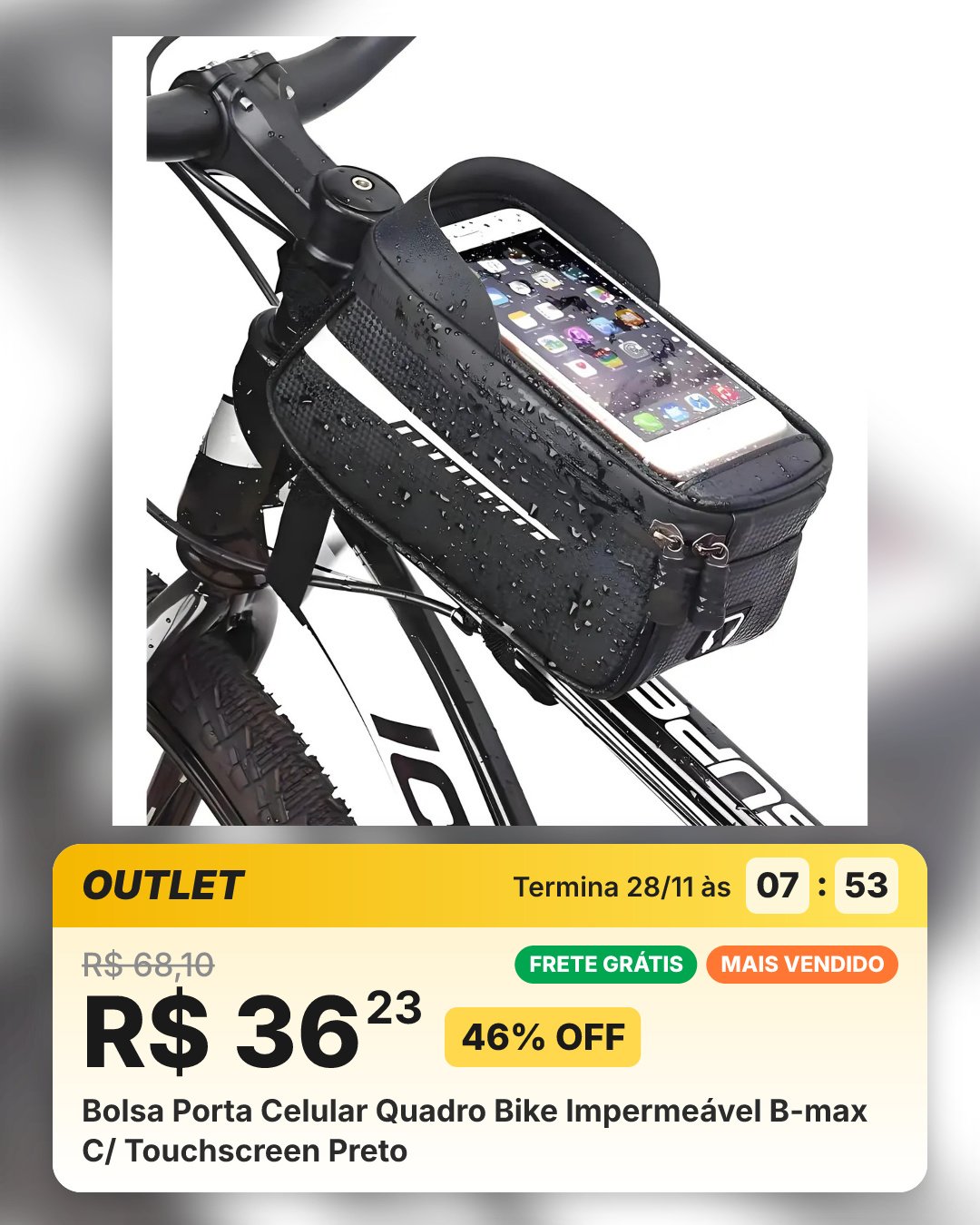 Bolsa Porta Celular Quadro Bike Impermeável B-max C/ Touchscreen Preto