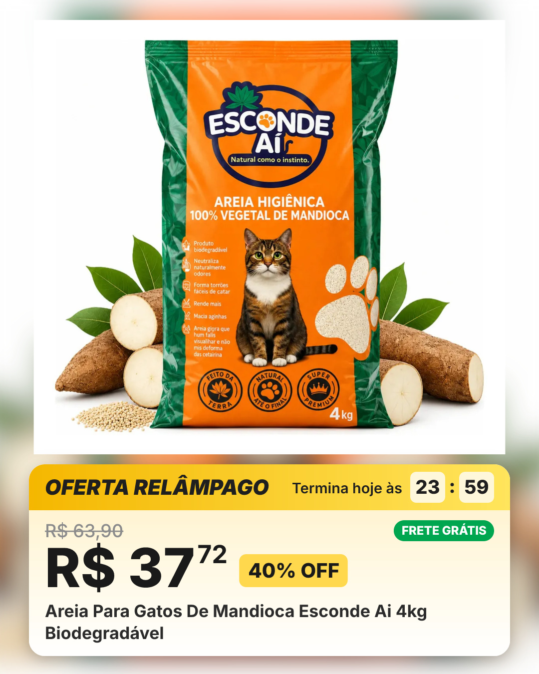 Areia Para Gatos De Mandioca Esconde Ai 4kg Biodegradável