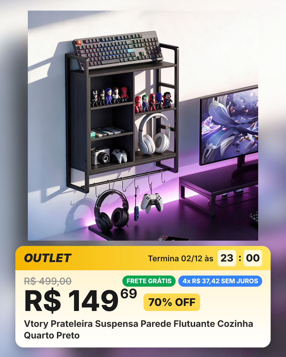 Vtory Prateleira Suspensa Parede Flutuante Cozinha Quarto Preto