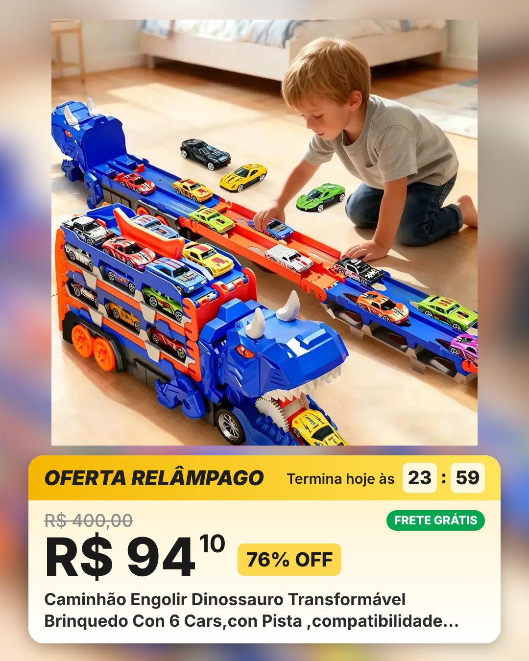 Caminhão Engolir Dinossauro Transformável Brinquedo Con 6 Cars,con Pista ,compatibilidade Hotweells Azul