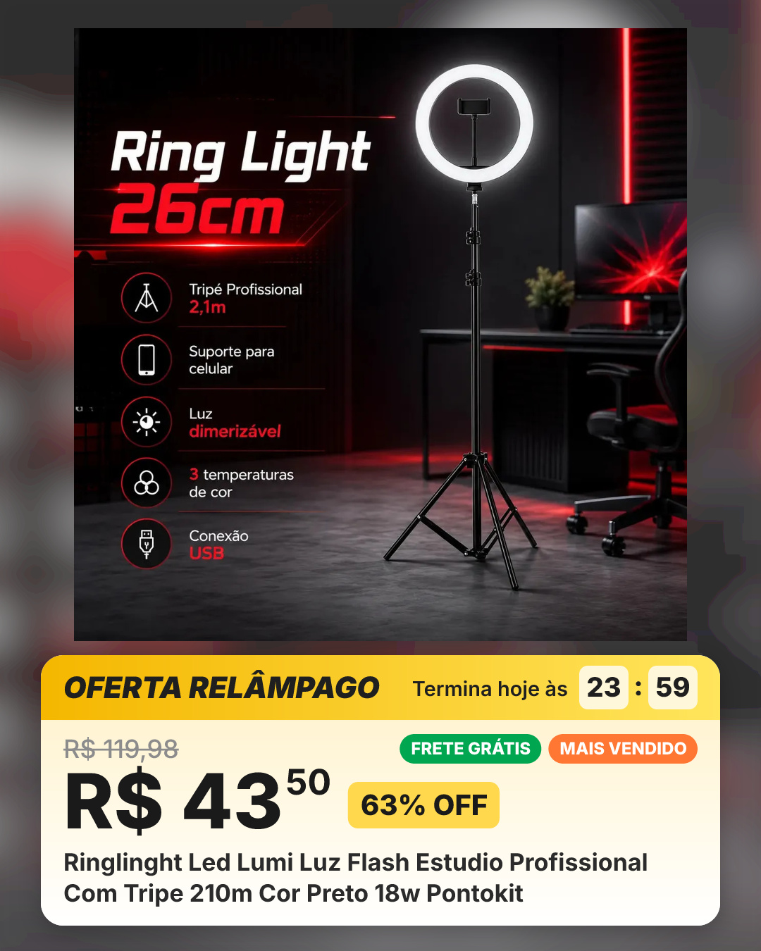 Ringlinght Led Lumi Luz Flash Estudio Profissional Com Tripe 210m Cor Preto 18w Pontokit