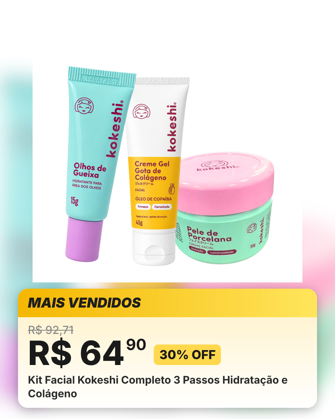 Kit Facial Kokeshi Completo 3 Passos Hidratação e Colágeno