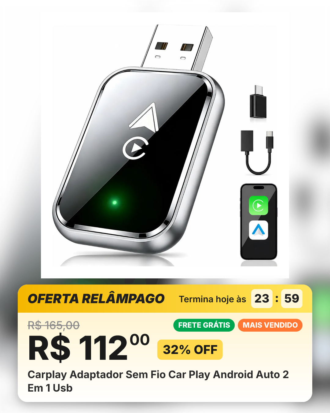 Carplay Adaptador Sem Fio Car Play Android Auto 2 Em 1 Usb