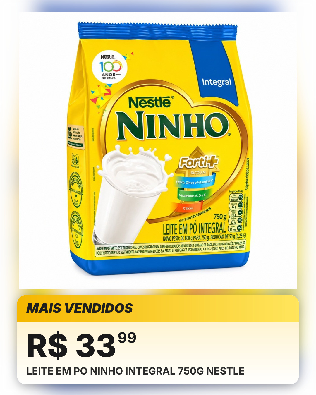 LEITE EM PO NINHO INTEGRAL 750G NESTLE