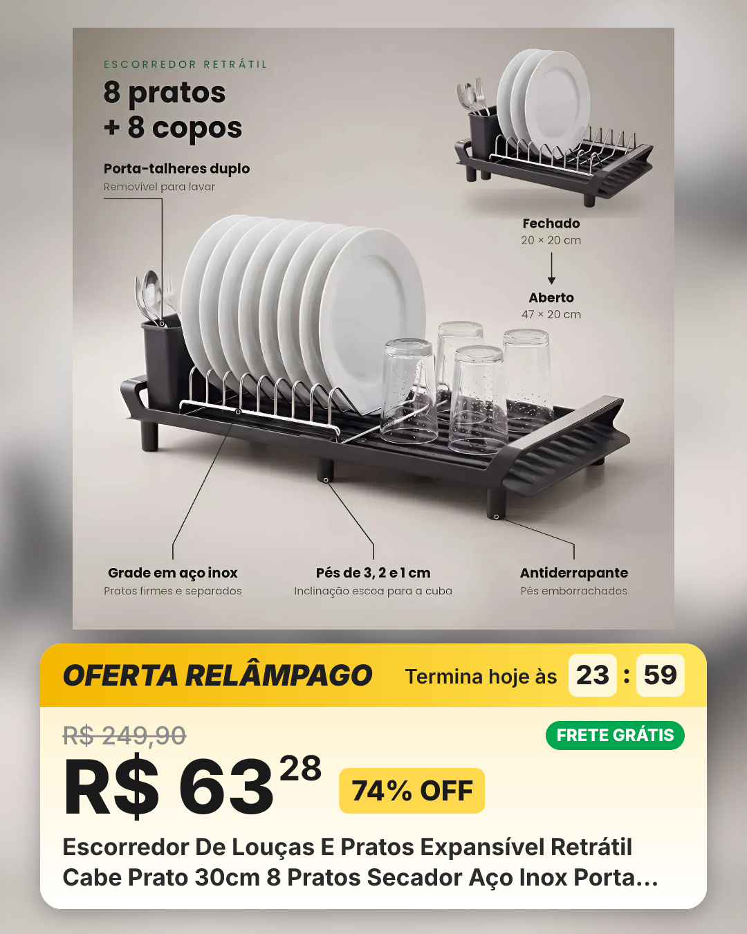 Escorredor De Louças E Pratos Expansível Retrátil Cabe Prato 30cm 8 Pratos Secador Aço Inox Porta Copos Talheres Bandeja Escoa Na Pia Antiderrapante Compacto Cozinha Pequena Preto