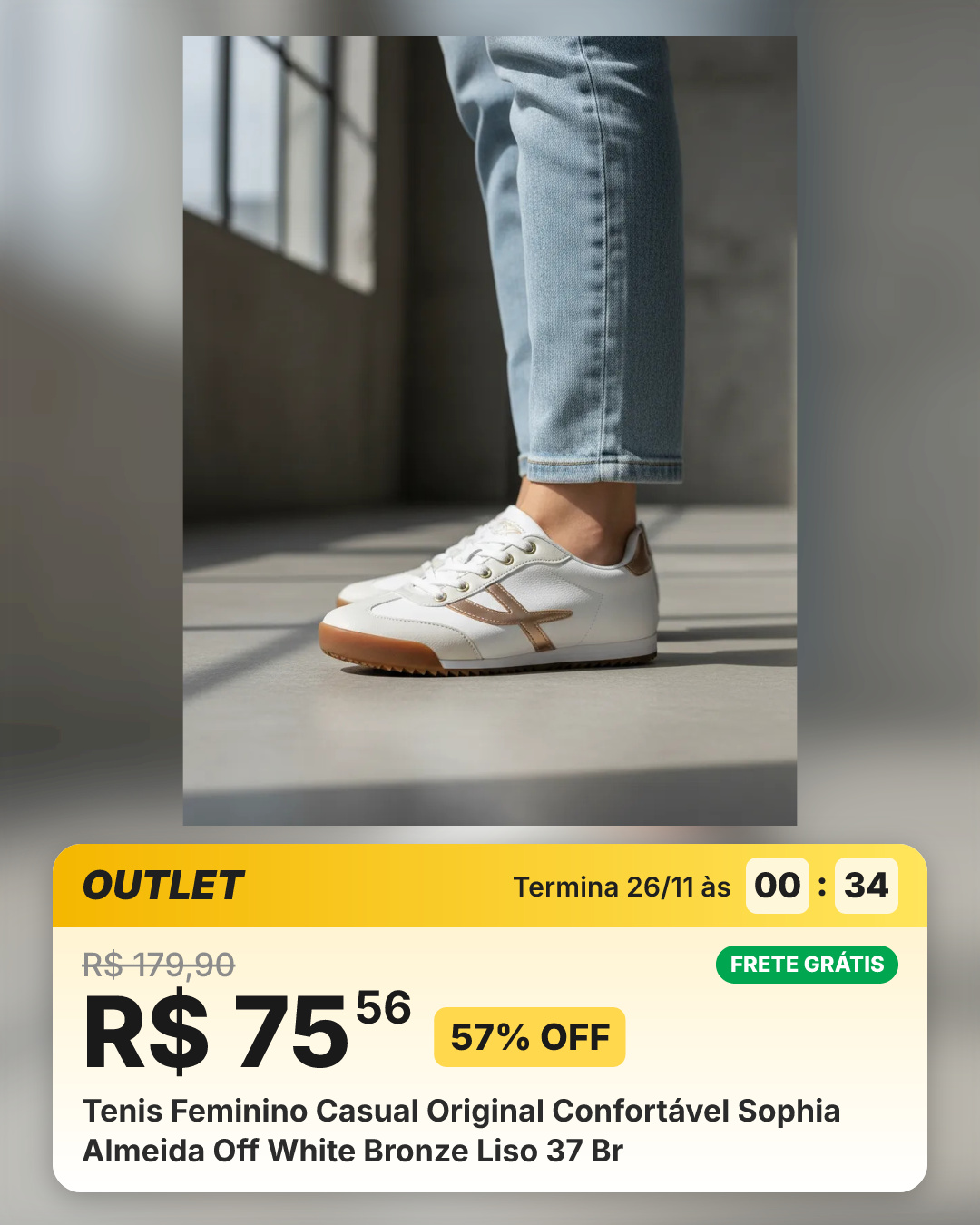 Tenis Feminino Casual Original Confortável Sophia Almeida Off White Bronze Liso 37 Br