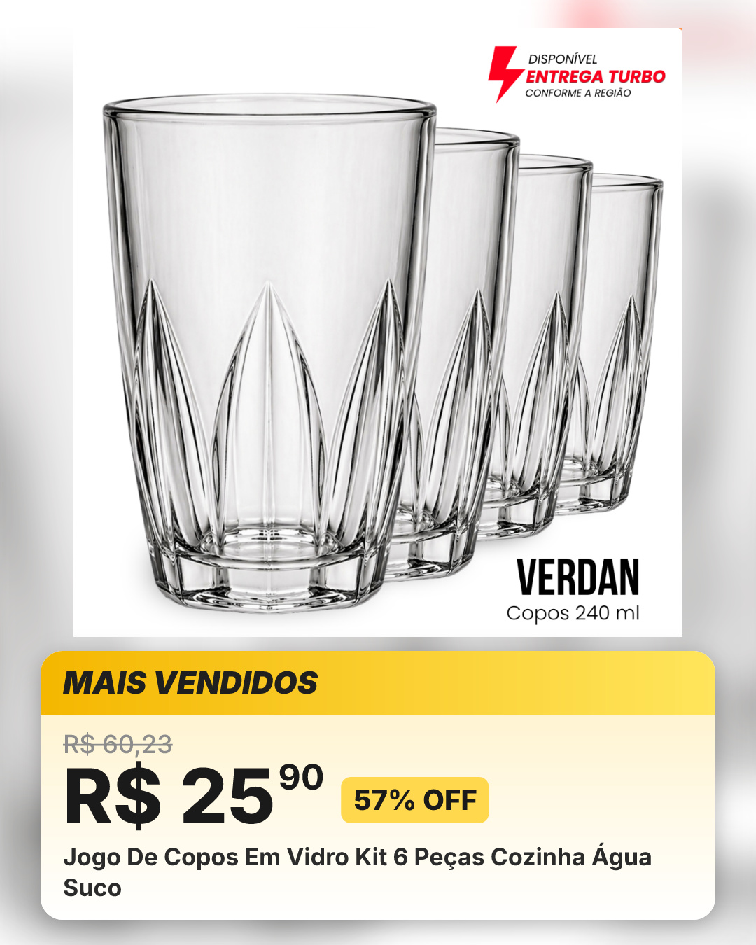 Jogo De Copos Em Vidro Kit 6 Peças Cozinha Água Suco