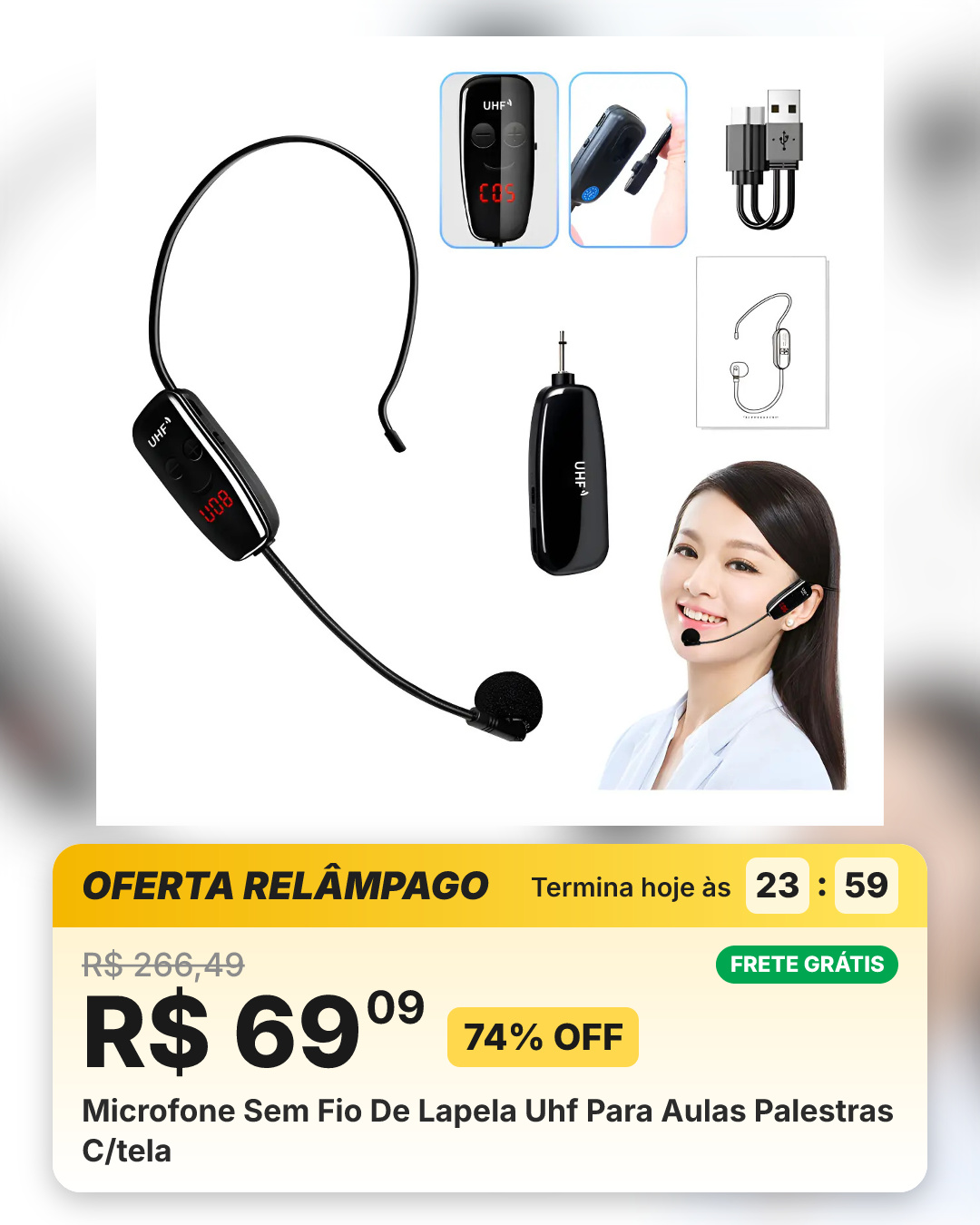 Microfone Sem Fio De Lapela Uhf Para Aulas Palestras C/tela