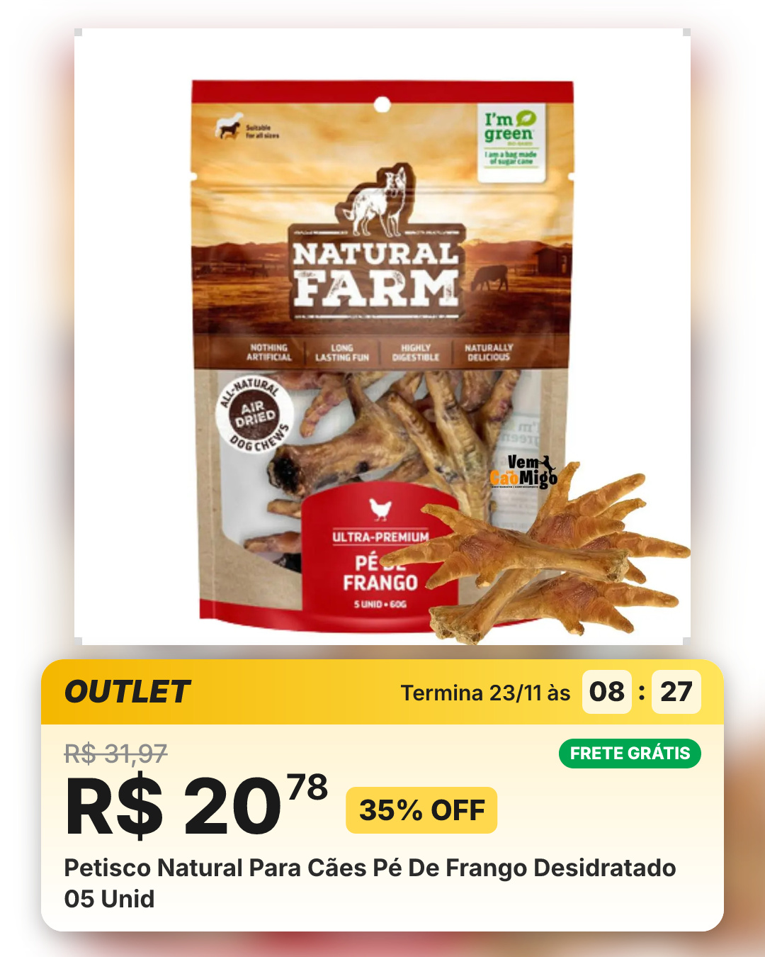 Petisco Natural Para Cães Pé De Frango Desidratado 05 Unid