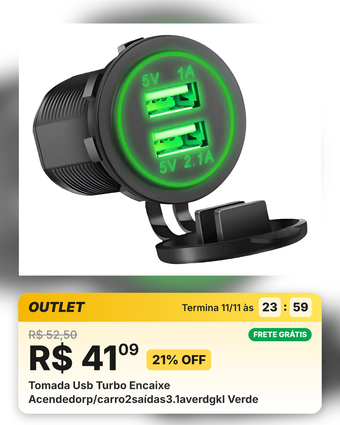Tomada Usb Turbo Encaixe Acendedorp/carro2saídas3.1averdgkl Verde