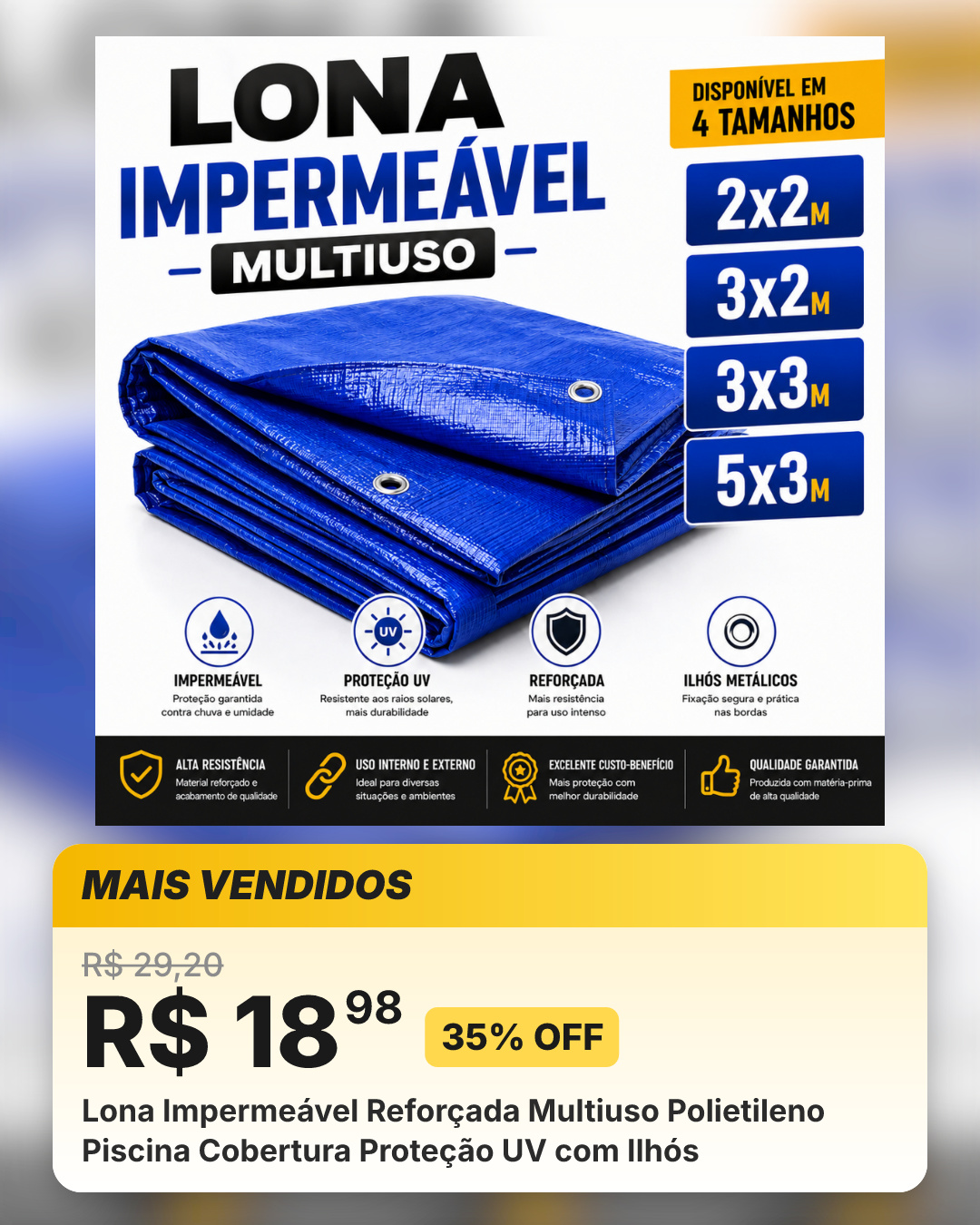 Lona Impermeável Reforçada Multiuso Polietileno Piscina Cobertura Proteção UV com Ilhós