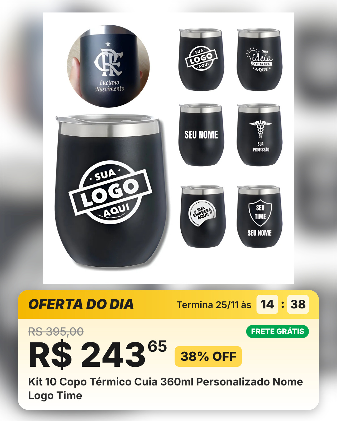 Kit 10 Copo Térmico Cuia 360ml Personalizado Nome Logo Time