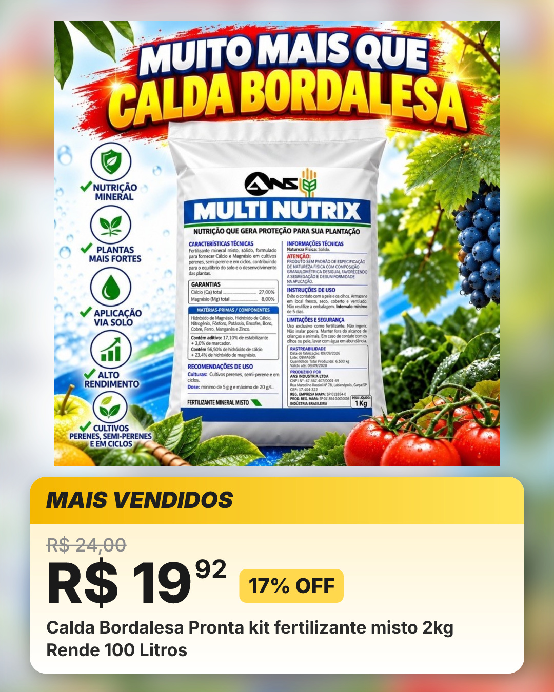 Calda Bordalesa Pronta kit fertilizante misto 2kg Rende 100 Litros