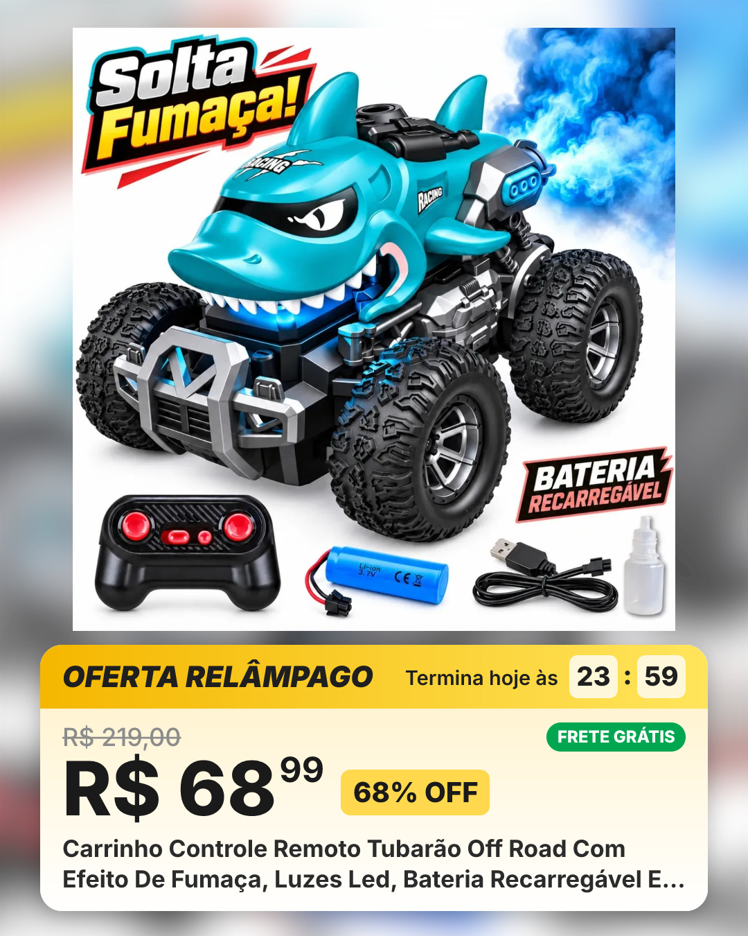 Carrinho Controle Remoto Tubarão Off Road Com Efeito De Fumaça, Luzes Led, Bateria Recarregável E Cabo Usb Incluso Azul