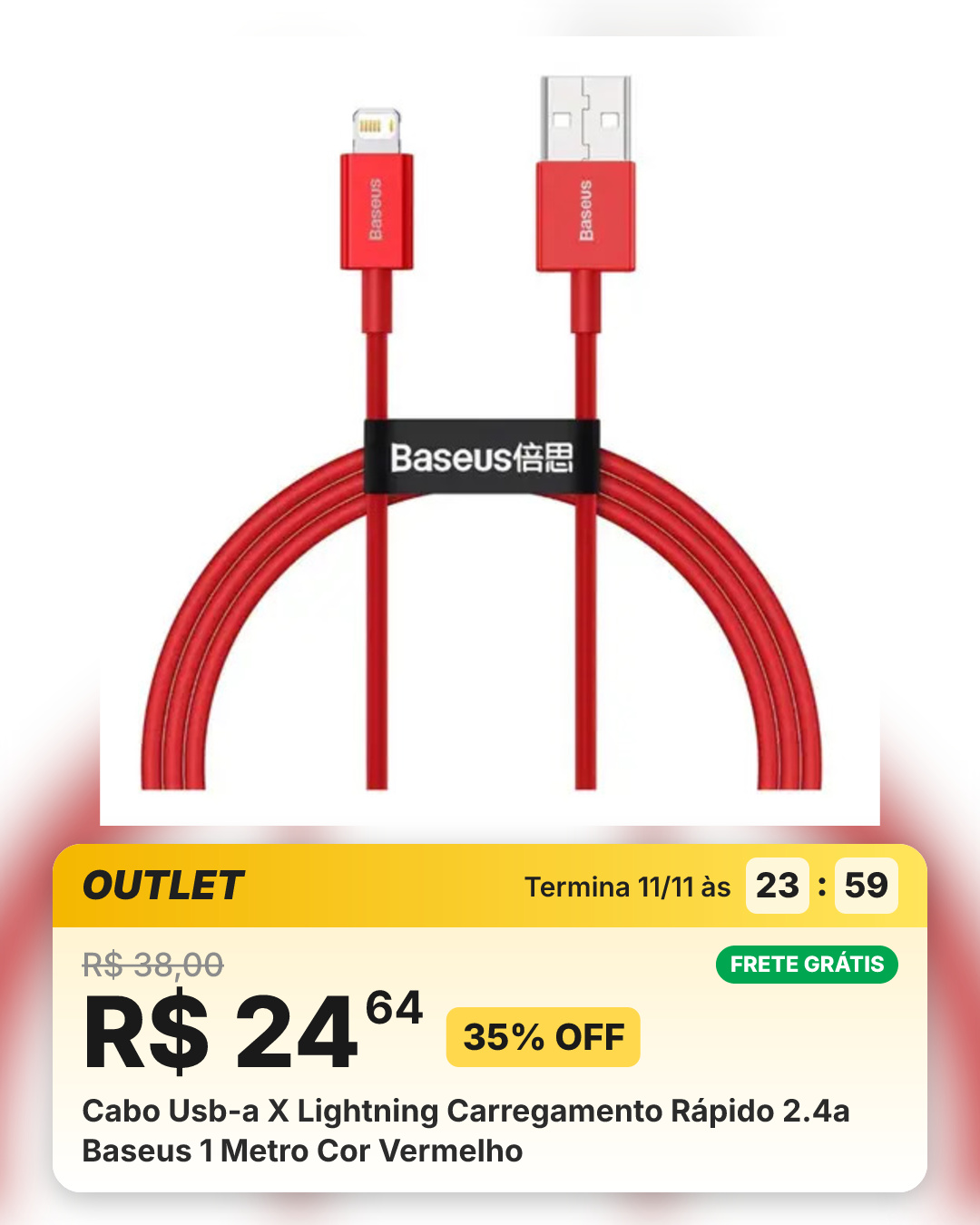 Cabo Usb-a X Lightning Carregamento Rápido 2.4a Baseus 1 Metro Cor Vermelho
