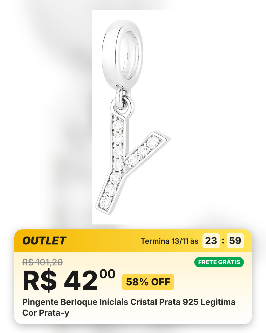 Pingente Berloque Iniciais Cristal Prata 925 Legitima Cor Prata-y