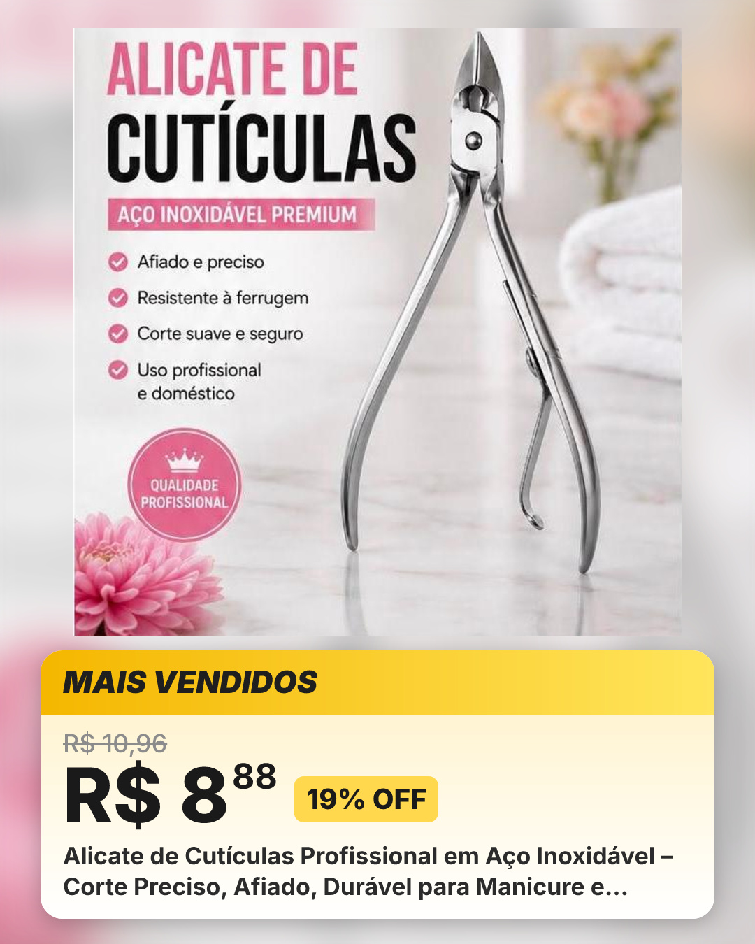 Alicate de Cutículas Profissional em Aço Inoxidável – Corte Preciso, Afiado, Durável para Manicure e Pedicure...