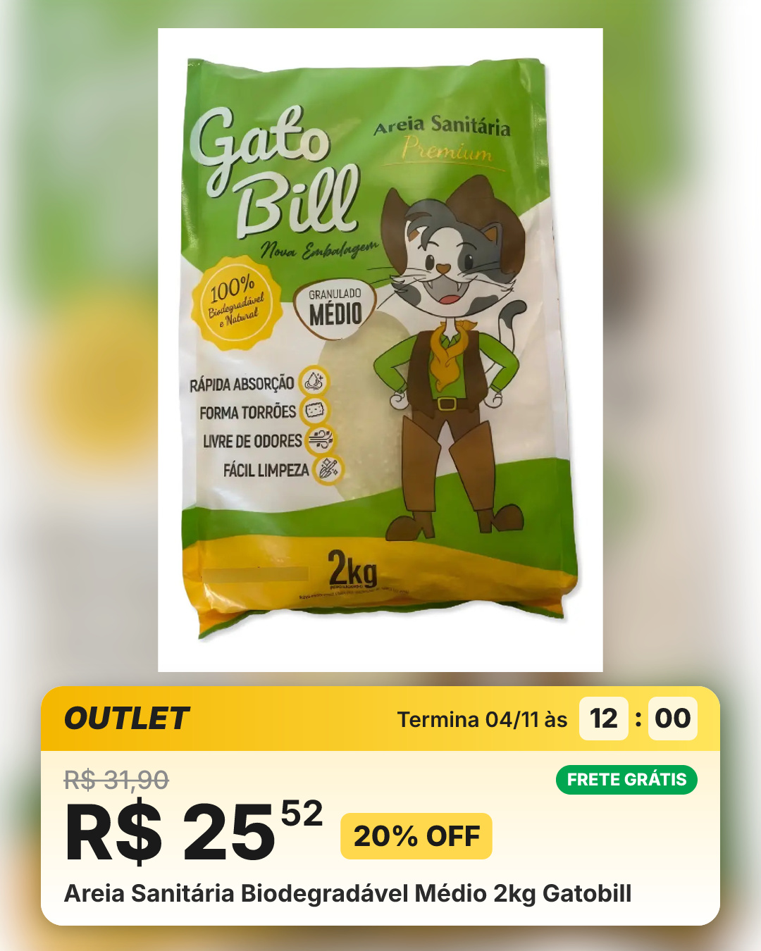 Areia Sanitária Biodegradável Médio 2kg Gatobill