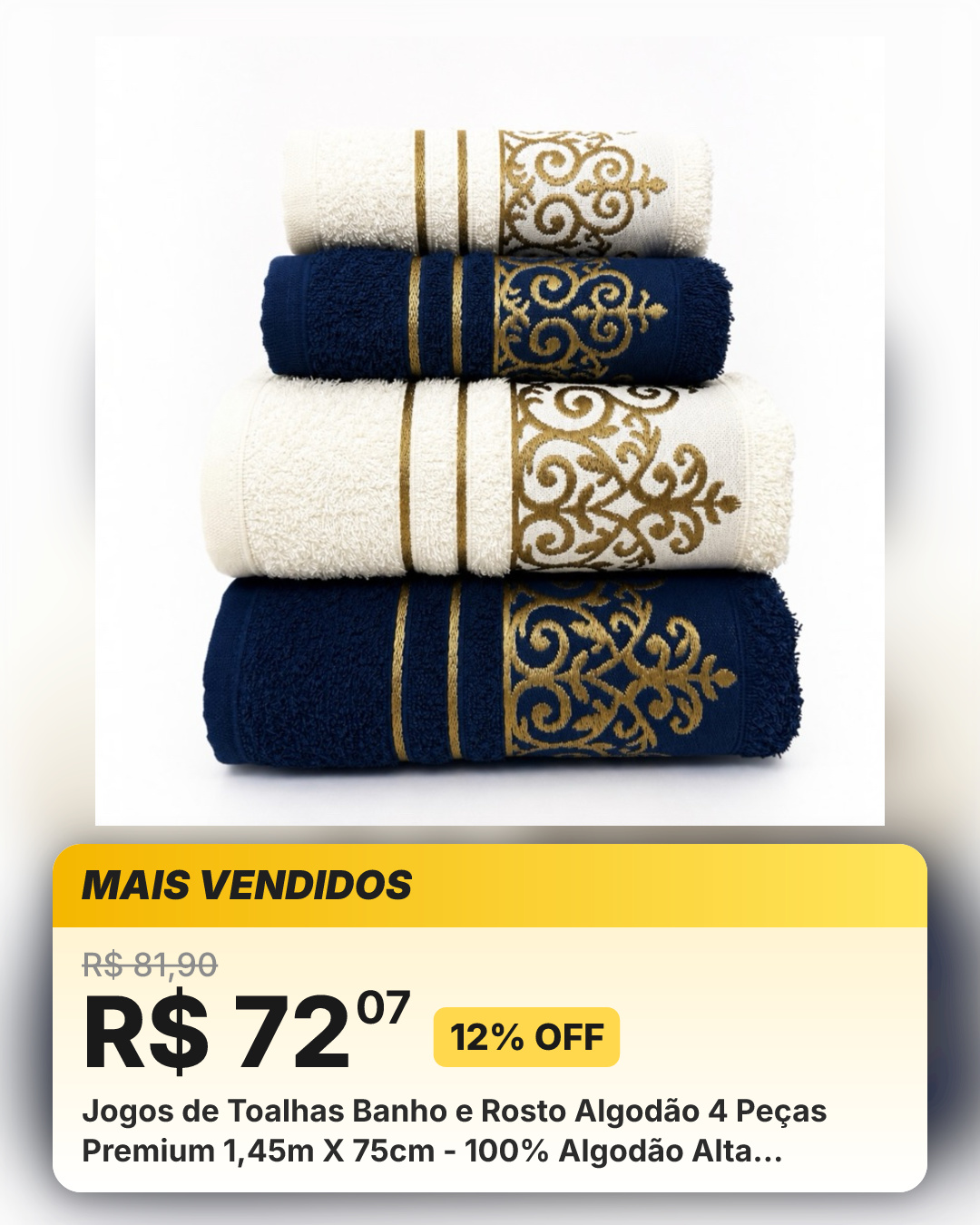 Jogos de Toalhas Banho e Rosto Algodão 4 Peças Premium 1,45m X 75cm - 100% Algodão Alta Absorção