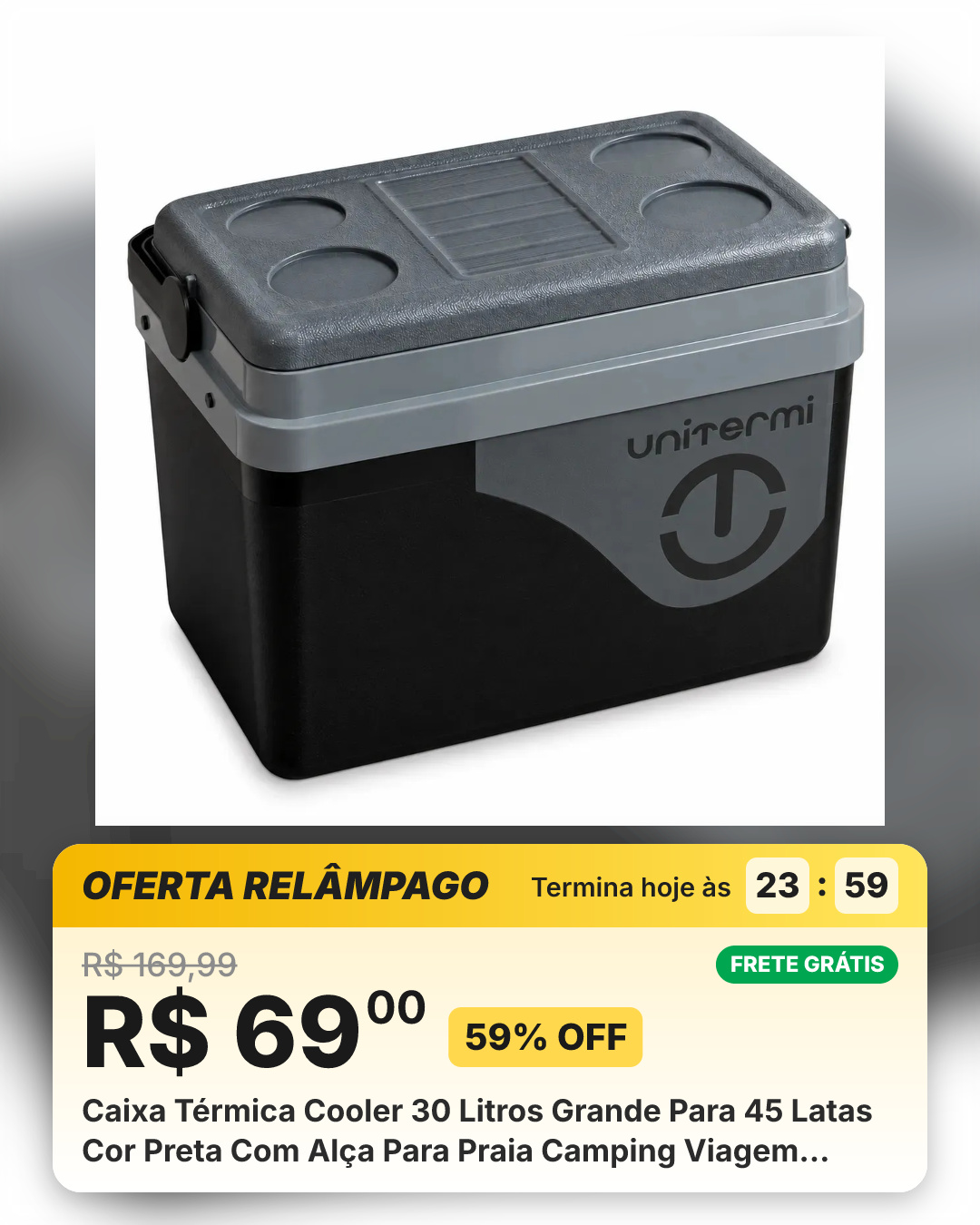 Caixa Térmica Cooler 30 Litros Grande Para 45 Latas Cor Preta Com Alça Para Praia Camping Viagem Bebidas E Alimentos Preto