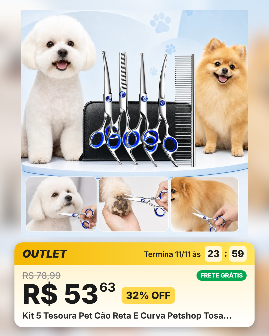 Kit 5 Tesoura Pet Cão Reta E Curva Petshop Tosa…