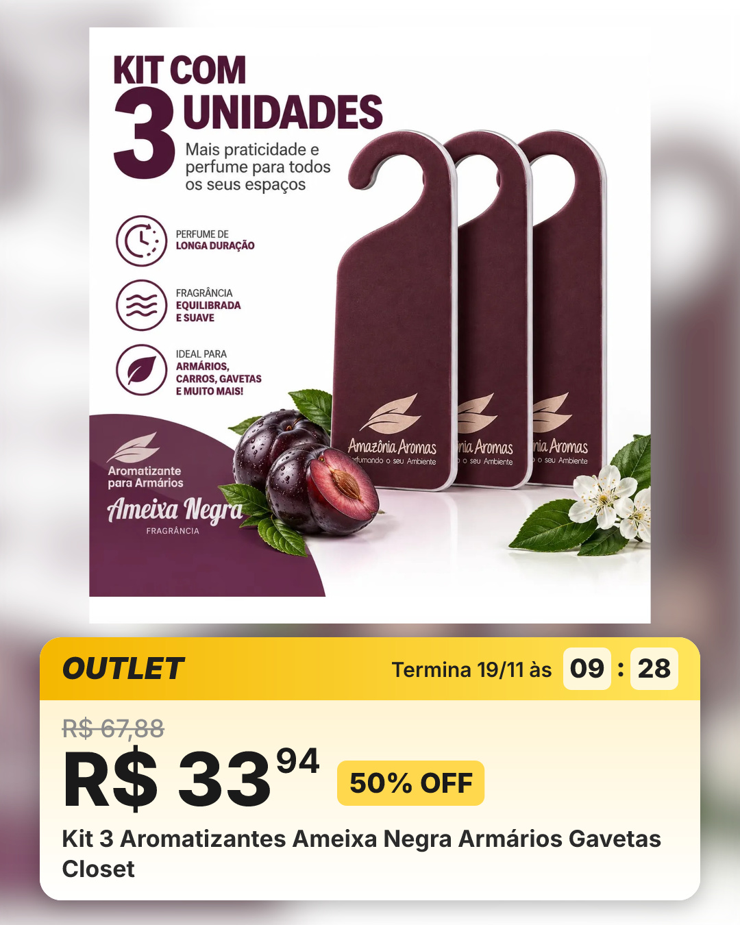 Kit 3 Aromatizantes Ameixa Negra Armários Gavetas Closet