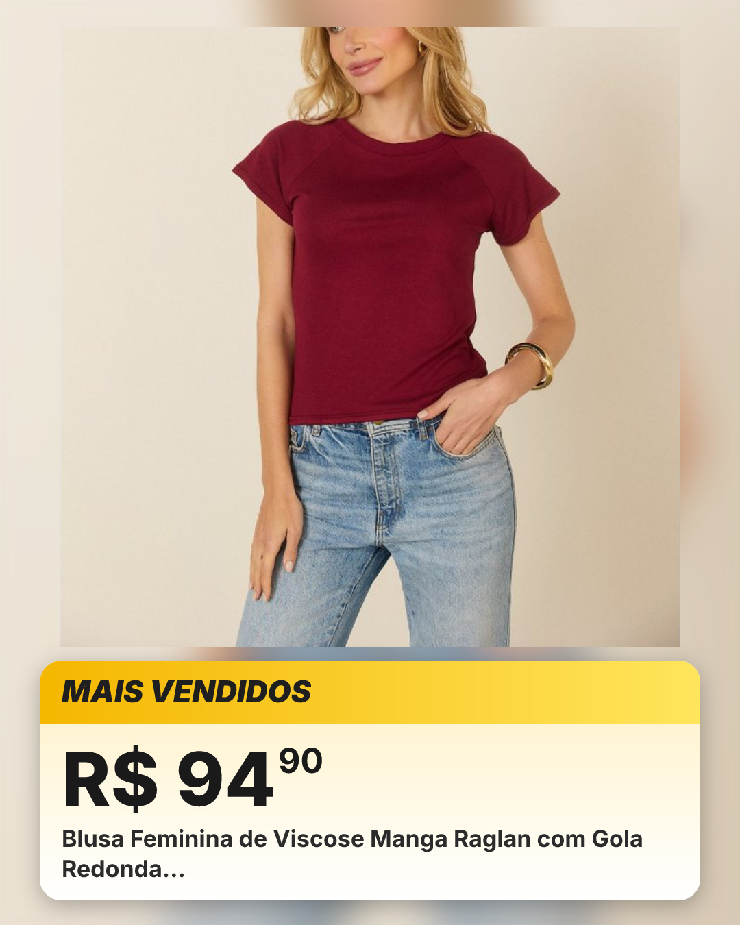 Blusa Feminina de Viscose Manga Raglan com Gola Redonda…