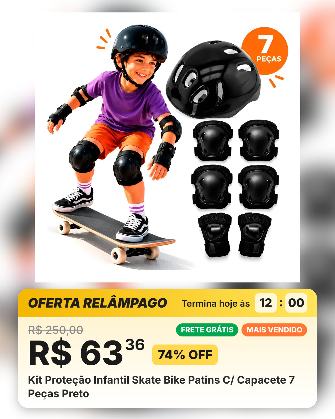 Kit Proteção Infantil Skate Bike Patins C/ Capacete 7 Peças Preto