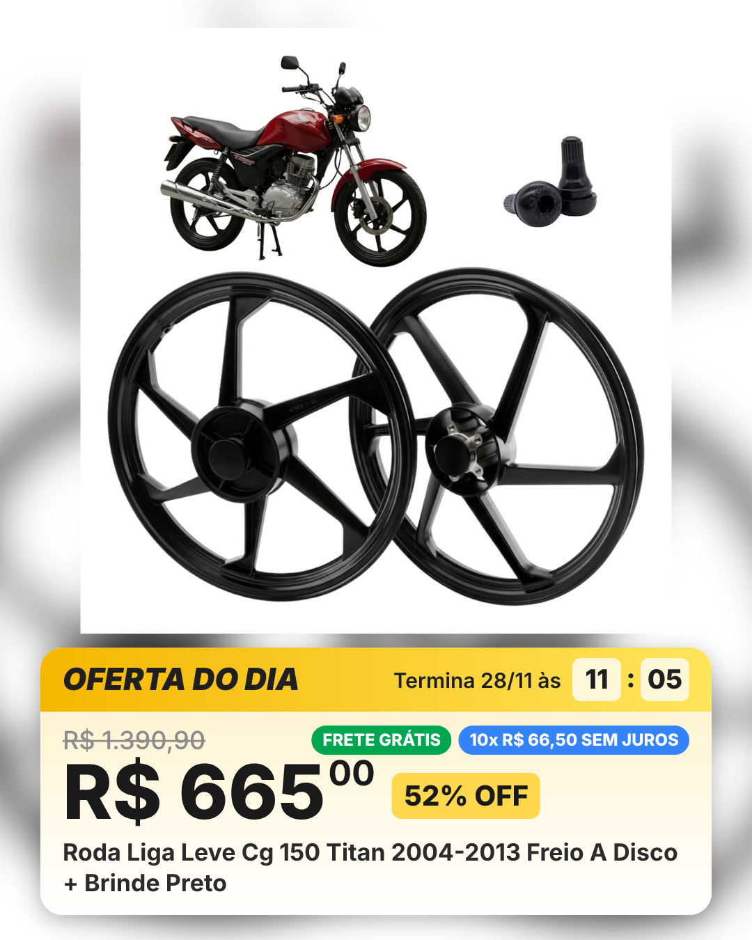 Roda Liga Leve Cg 150 Titan 2004-2013 Freio A Disco + Brinde Preto