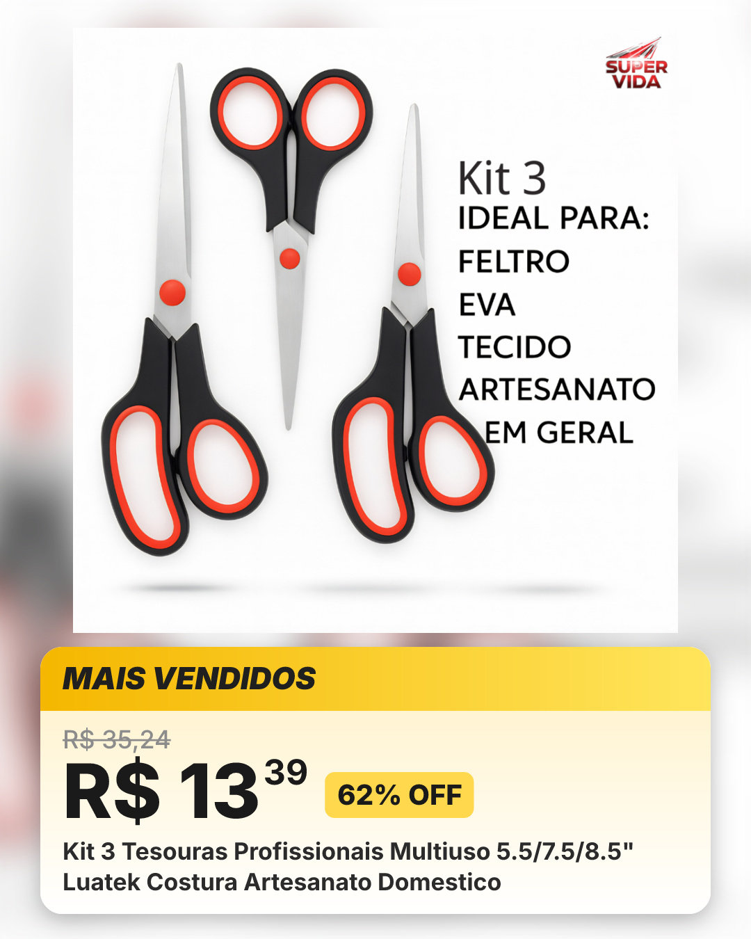 Kit 3 Tesouras Profissionais Multiuso 5.5/7.5/8.5" Luatek Costura Artesanato Domestico