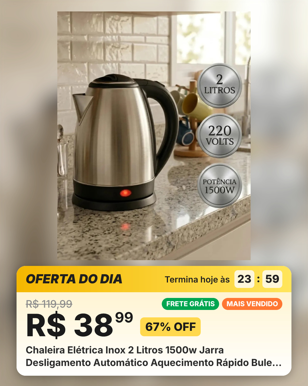Chaleira Elétrica Inox 2 Litros 1500w Jarra Desligamento Automático Aquecimento Rápido Bule Pítia Prata 220v