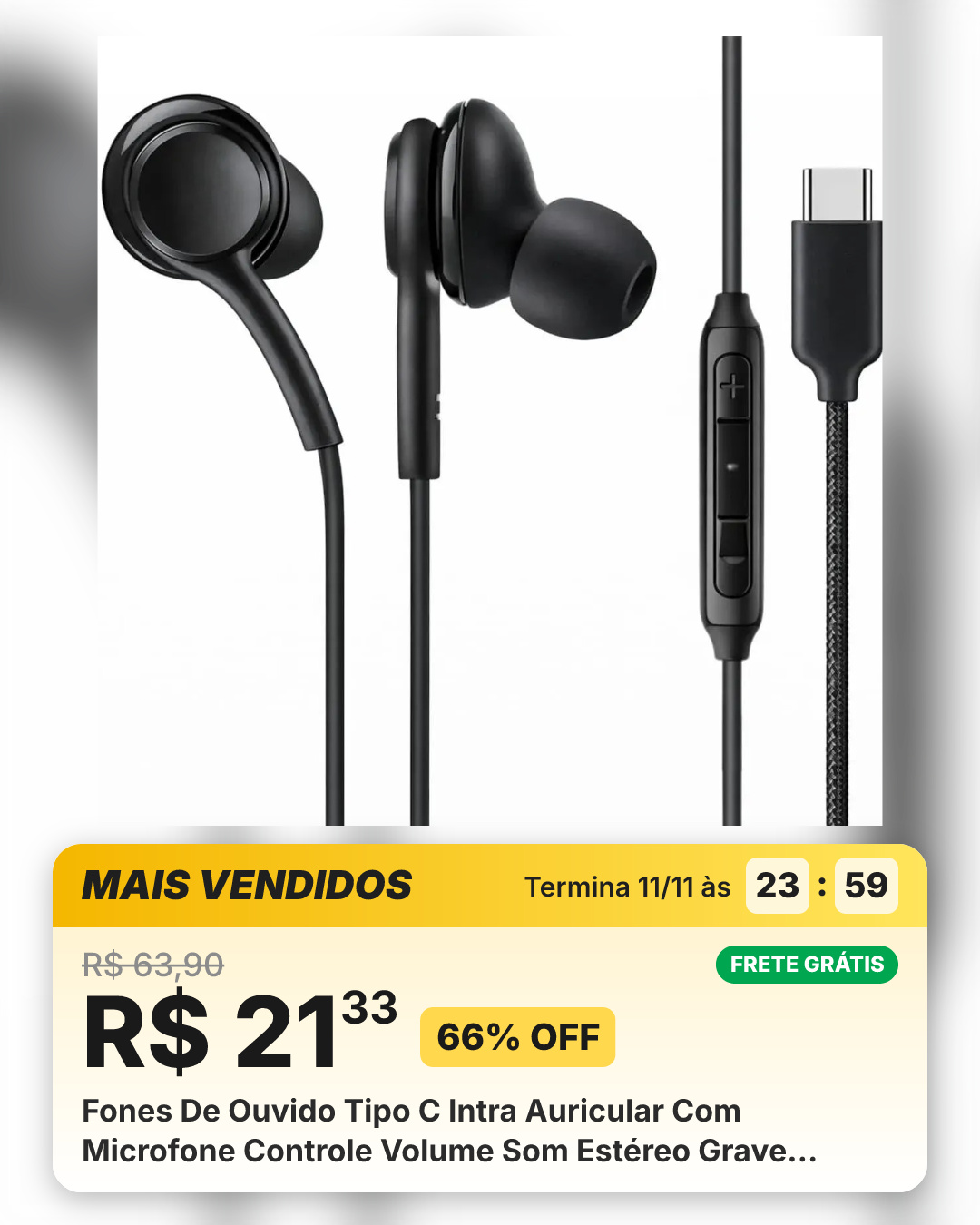 Fones De Ouvido Tipo C Intra Auricular Com Microfone Controle Volume Som Estéreo Grave Forte Cabo Nylon Resistente Compatível Android Samsung Xiaomi iPhone 15 16 17 Usb-c Premium Eletric Teck Preto