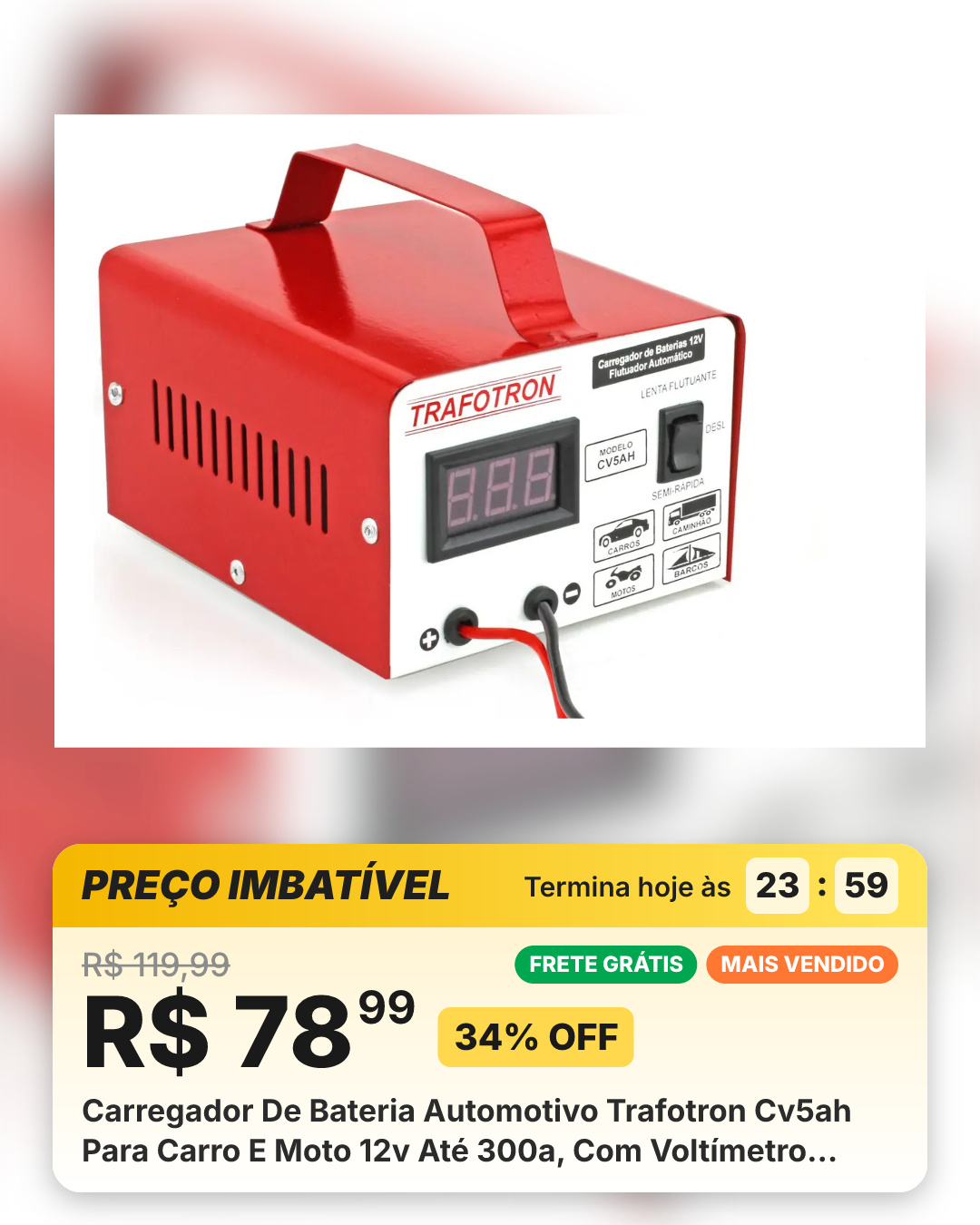 Carregador De Bateria Automotivo Trafotron Cv5ah Para Carro E Moto 12v Até 300a, Com Voltímetro Digital E Carga Flutuante