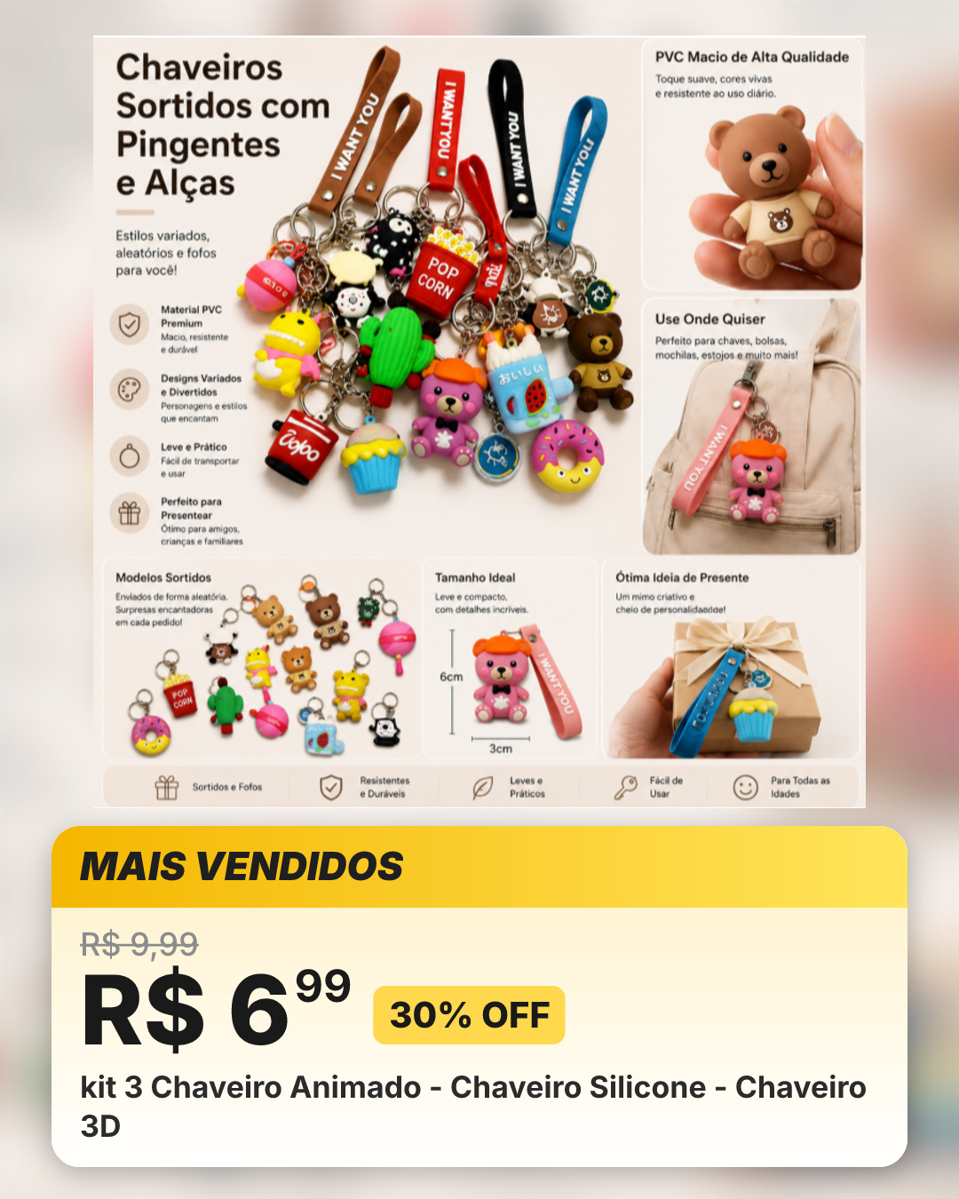 kit 3 Chaveiro Animado - Chaveiro Silicone - Chaveiro 3D