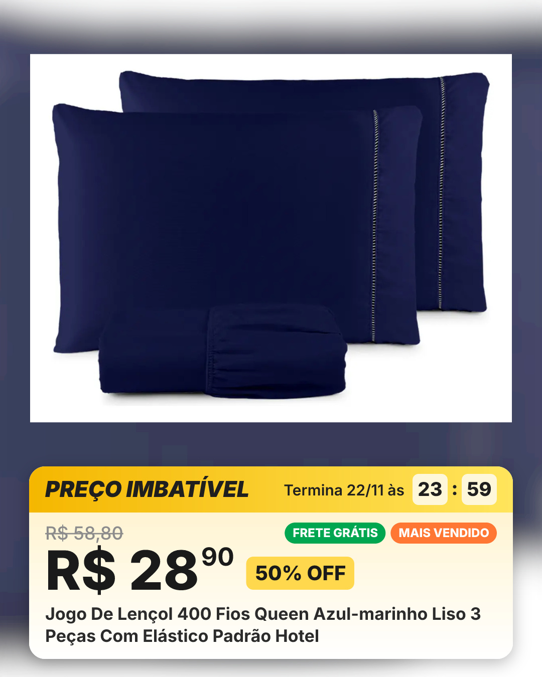 Jogo De Lençol 400 Fios Queen Azul-marinho Liso 3 Peças Com Elástico Padrão Hotel