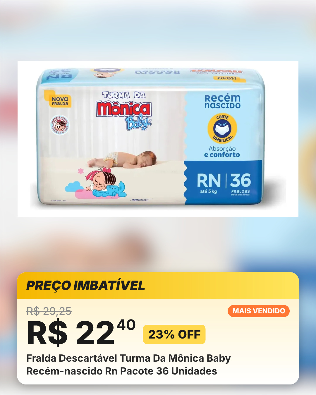 Fralda Descartável Turma Da Mônica Baby Recém-nascido Rn Pacote 36 Unidades