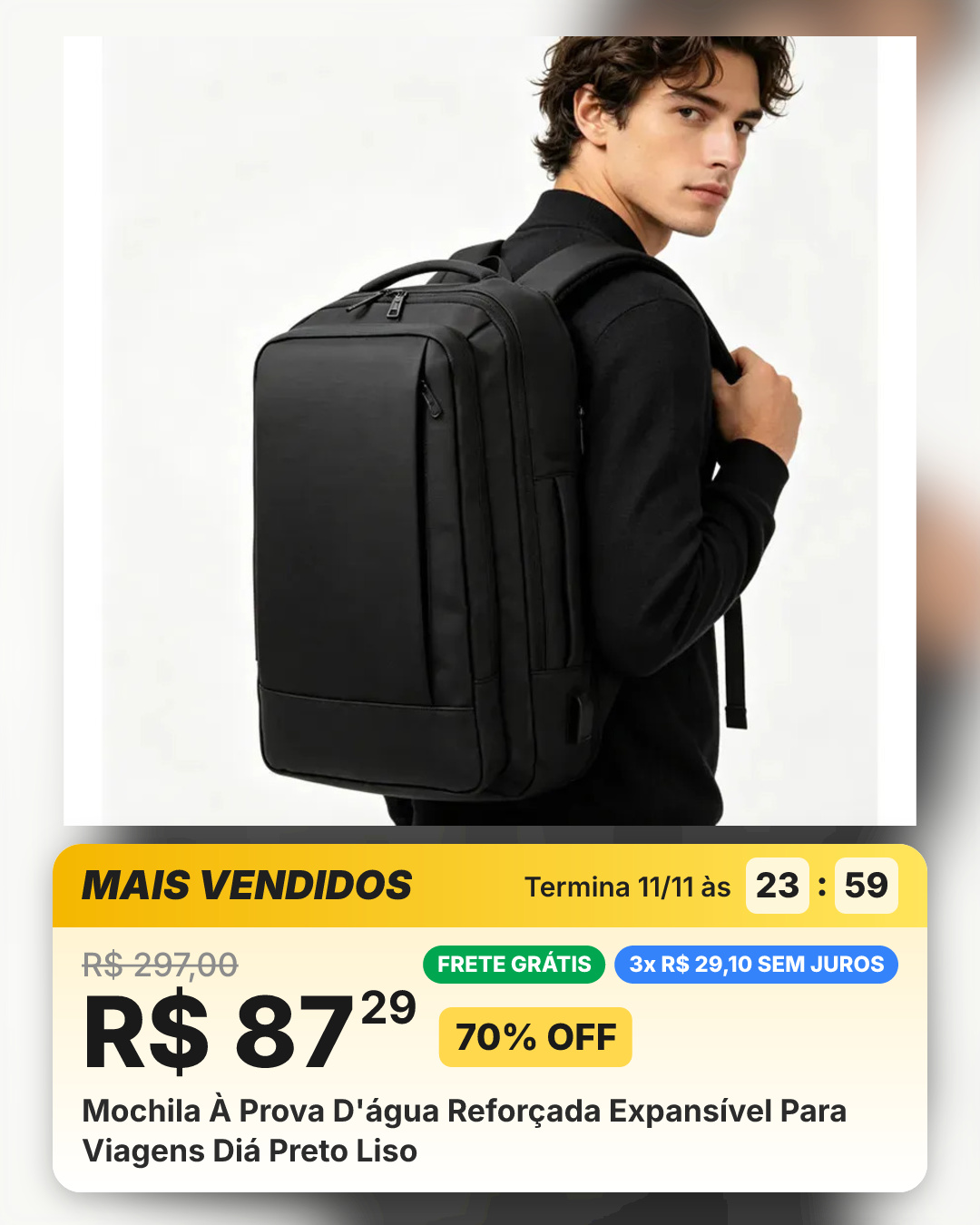 Mochila À Prova D'água Reforçada Expansível Para Viagens Diá Preto Liso
